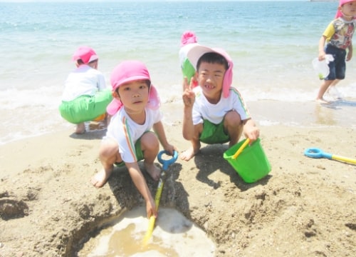 浜辺で遊ぶ園児の写真